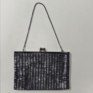 1960s Beaded Black and Silver Clutch Bag Elegant Hong Kong